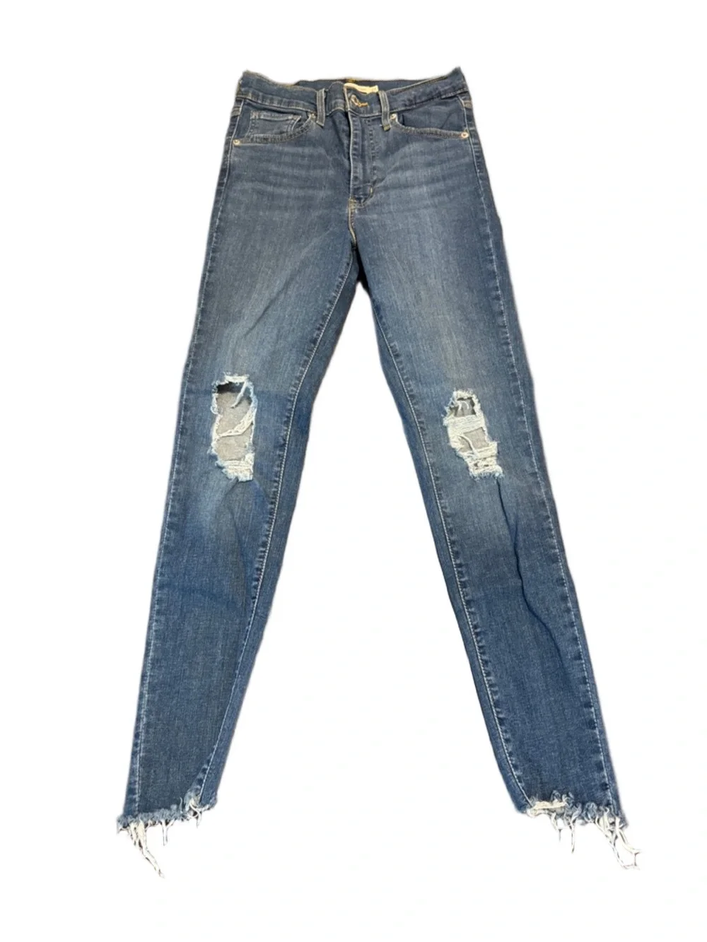 Levi's Dark Blue Distressed Mile High Super Skinny Denim Jeans with Raw Hem 27